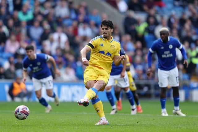 'LAME ATTEMPT': The penalty kick from Pascal Struijk. Photo by Ryan Hiscott/Getty Images.