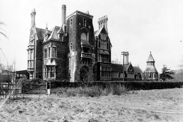 Meanwood Towers, Parkland Gardens off Stonegate Road in April 1950. The house was built in 1867 for Thomas Stuart Kennedy and designed by Edward W. Pugin in Gothic style. The original tall ornamental chimneys were shortened in 1969 as they were unsafe. The house has now been converted into flats.