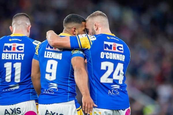 Jarrod O'Connor congratulates Kruise Leeming on his try against St Helens in the Grand Final. Picture by Allan McKenzie/SWpix.com.