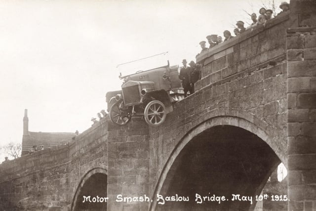 Passengers on a motor bus (Charabanc) in 1915 had a lucky escape after the vehicle went through the wall on Baslow Bridge, leaving the bus balanced precariously over the parapet.