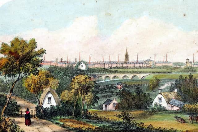 A coloured painting of Leeds by J. Butts, dating from around 1760. A rural Holbeck is in the foreground, view is looking from west to east. The railway bridge in the centre is carrying the line from Middleton Colliery to coal staithes on the banks of the River Aire, to the east of Leeds Bridge. The ruined white building depicted to the left of the viaduct is possibly the ruins of Leeds Manor, which was on what is now Bishopgate Street, the Scarborough Hotel is on the site. The church spire is that of Trinity Church, Boar Lane.