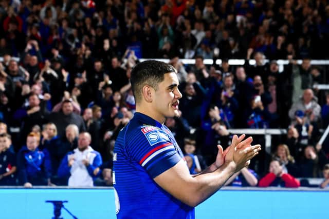 Caleb Hamlin-Uele celebrates Wakefield Trinity's play-off win against Leigh Leopards. Picture by Olly Hassell/SWpix.com.