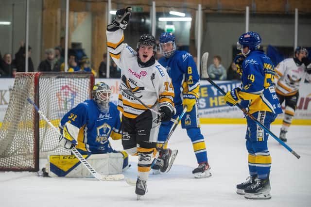 KNOCKED OUT: Lee Bonner celebrates scoring Hull Seahawks second goal in Friday night's 5-1 win against Leeds Knights in the second leg of the NIHL National Cup semi-final. Picture: Bruce Rollinson