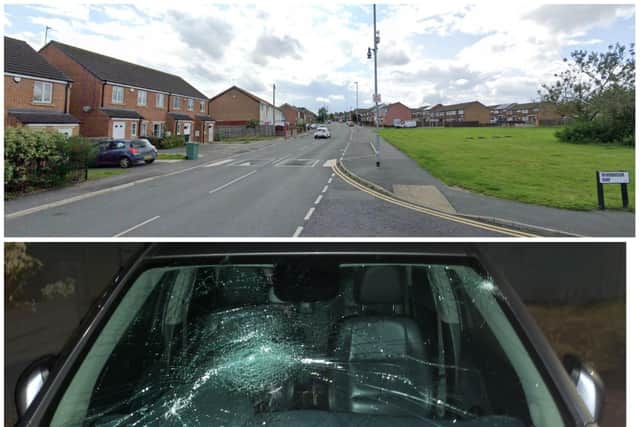 Swarcliffe, above, and a photograph of another resident's car smashed by the vandals in July.