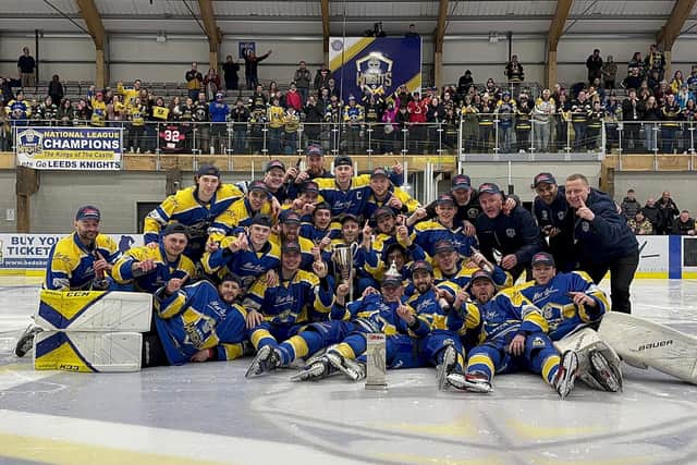 CHAMNPIONS: Leeds Knights celebrate their NIHL National regular season league title success. Picture courtesy of Leeds Knights IHC.