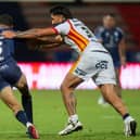 Leeds Rhinos signings Nick Cotric, left and Edenn Rogers-Smith tackle Benjamin Laguerre during Catalans Dragons win against Toulouse Olympique last month. Picture by Fabrice Rodriguez/SWpix.com.