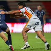 Leeds Rhinos signings Nick Cotric, left and Edenn Rogers-Smith tackle Benjamin Laguerre during Catalans Dragons win against Toulouse Olympique last month. Picture by Fabrice Rodriguez/SWpix.com.