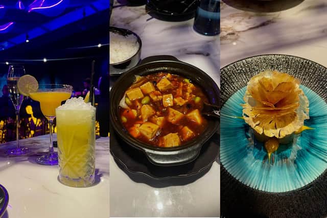 Drinks, main course and signature dessert at Blue Pavilion. Main course (middle) is a claypot tofu, aubergine and Japanese mushroom dish served with rice.