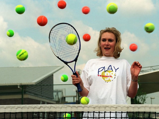 YTV weather girl Debbie Lindley takes evasive action at the launch of Play Tennis 98 at South Leeds Tennis Centre in Middleton in May 1998.