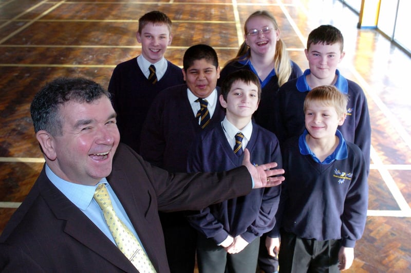 Head teacher Colin Bell  with pupils Kyle Mear, Ramzaan Yaqub, Thomas Broddy, Ashleigh Gaweda, Jake Corney and Jason Thackery who were to feature in a TV commercial for teaching.  Pictured in February 2006.