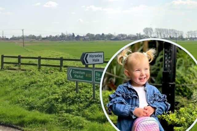 Two-year-old girl Isabella Tucker, inset, was killed after the crash at Horsley Hale Farm in Horsley Hale, near Littleport, Ely, on August 26. Pictures: Google/PA.