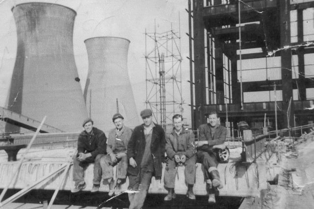 A group of workers during construction work at Skelton Grange, possibly on the 'A' station, which was built in the late 1940s with two cooling towers. The 'B' station was built between 1955 and 1962, with the addition of four more towers, although one was demolished in the early 1980s.