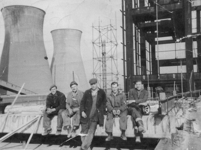 A group of workers during construction work at Skelton Grange, possibly on the 'A' station, which was built in the late 1940s with two cooling towers. The 'B' station was built between 1955 and 1962, with the addition of four more towers, although one was demolished in the early 1980s.