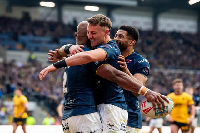Chris Hankinson, middle of picture with Maika Sivo and Kallum Watkins, has impressed Leeds Rhinos fan Iain Sharp this season. Picture by Allan McKenzie/SWpix.com.