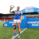 Rhinos' Caitlin Beevers with her player of the match trophy after the Grand Final. Picture by John Clifton/SWpix.com.