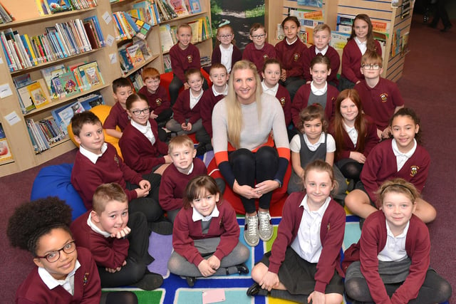 Olympic Gold medalist Rebecca Adlington is pictured visiting Abbey Primary School, where she took questions from class representatives.