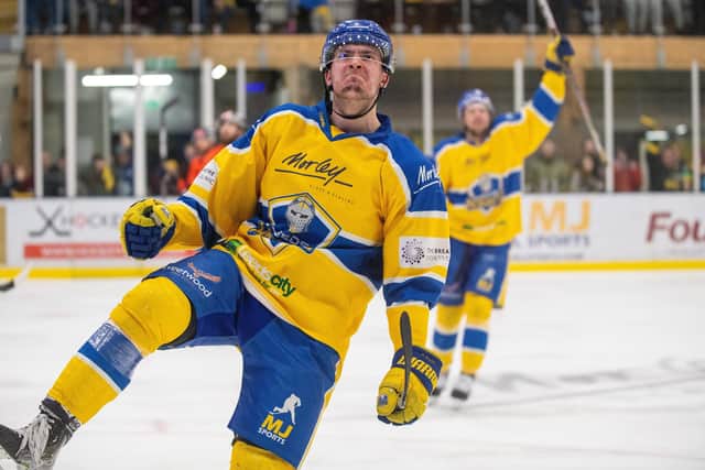 ON TARGET: Cole Shudra celebrates scoring Leeds Knights fourth goal against Peterborough Phantoms. Picture: Bruce Rollinson