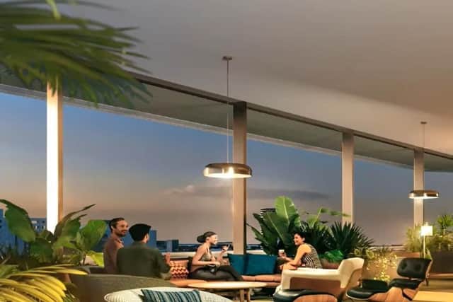 A computer generated image depicting residents in the proposed sky lounge at the very top of the residential tower.