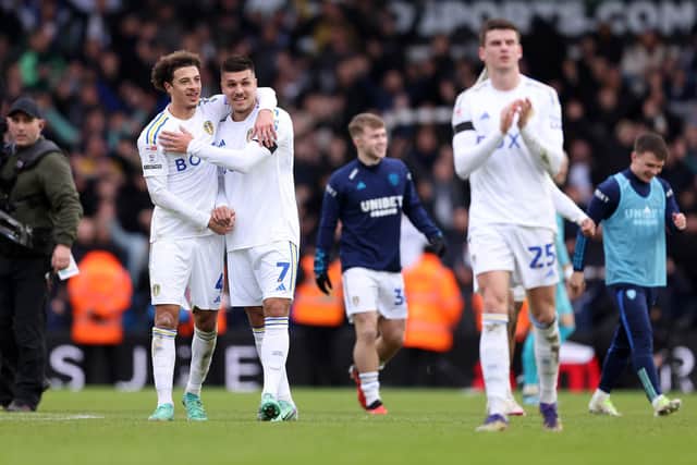 DELIGHT: Ethan Ampadu, left, with matchwinner Joel Piroe after Leeds United's last gasp 2-1 victory against Championship visitors Preston North End at Elland Road.
Photo by George Wood/Getty Images.