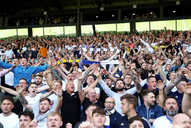 LEEDS, ENGLAND - AUGUST 06: A general view of fans of Leeds United as they react prior to kick off of the Premier League match between Leeds United and Wolverhampton Wanderers at Elland Road on August 06, 2022 in Leeds, England. (Photo by Marc Atkins/Getty Images)