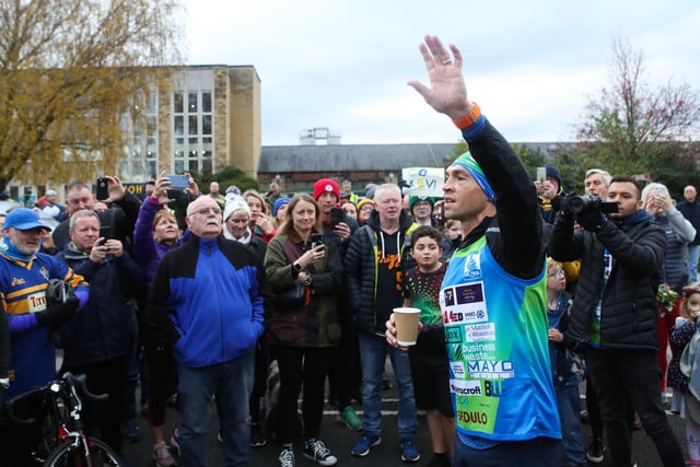 Kevin Sinfield waves to his supporters on day six of the Ultra 7 in 7 Challenge.