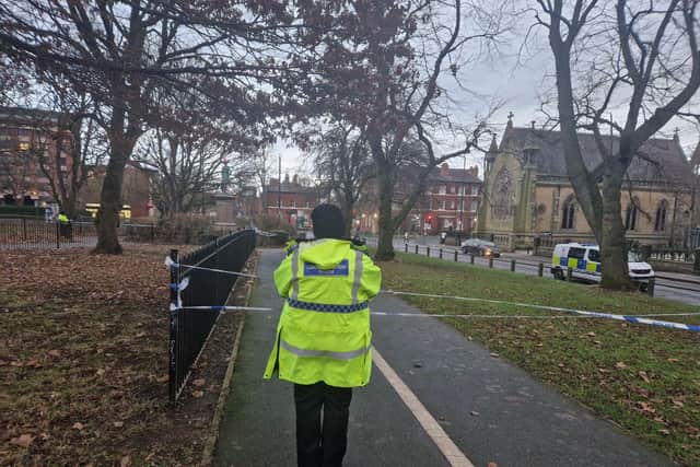 Police guard the cordon at Woodhouse Moor park in Leeds (Photo by National World)