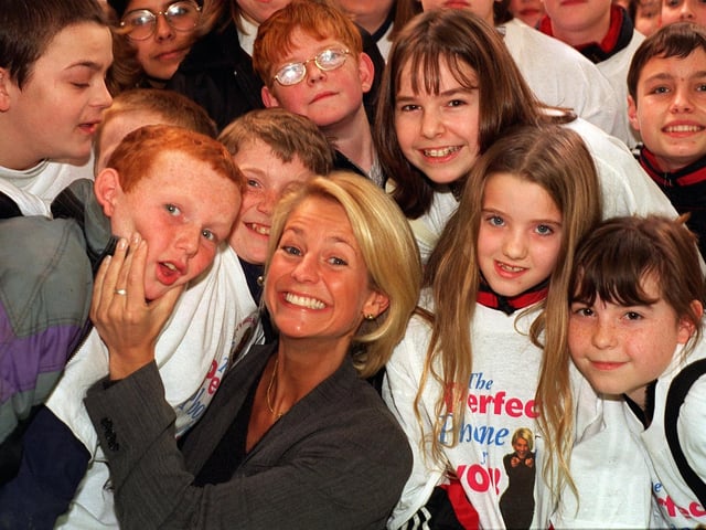Gladiators host Ulrika Jonsson meets young fans after opening The Pocket Phone Shop in the Crossgates Shopping Centre in January 1998.