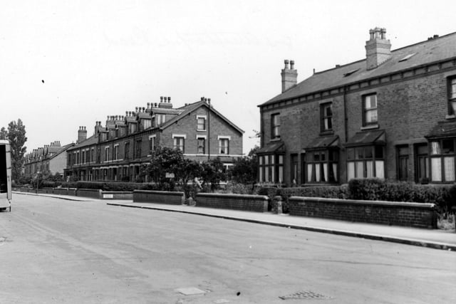 Terraced houses on Austhorpe Road in July 1948. None of the gate openings have their original iron gates due to the wartime appeal for metal.