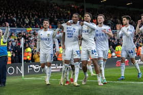 GOOD DAY: For Leeds United's on loan Bournemouth winger Jaidon Anthony, centre, pictured paying tribute to his recently passed mother Donna after his excellent goal in Saturday's fourth round FA Cup clash against Plymouth Argyle at Elland Road. Photo by Tony Johnson.