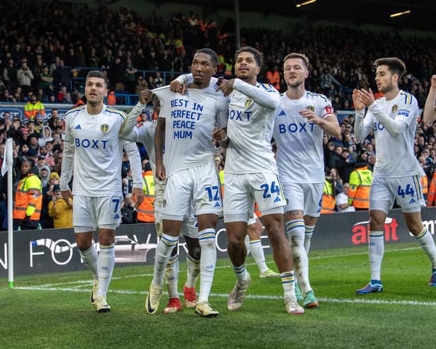 GOOD DAY: For Leeds United's on loan Bournemouth winger Jaidon Anthony, centre, pictured paying tribute to his recently passed mother Donna after his excellent goal in Saturday's fourth round FA Cup clash against Plymouth Argyle at Elland Road. Photo by Tony Johnson.