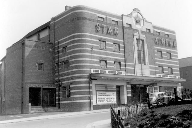 The Star Cinema, which opened on February 21, 1938 and closed on Saturday, November 4, 1961. A notice to the left of the entrance gives details of prices, for example the front balcony was 1/- (5p), the back stalls were 6d (2 1/2p). The film showing in this view was Joan Crawford starring in 'The Bride Wore Red'.