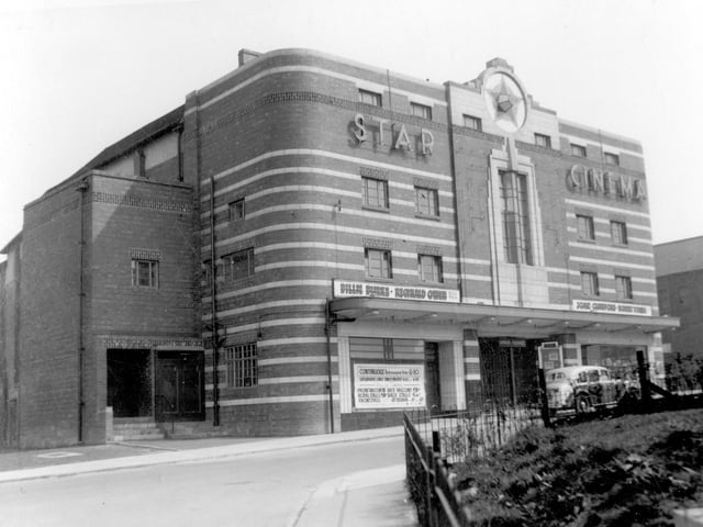 The Star Cinema, which opened on February 21, 1938 and closed on Saturday, November 4, 1961. A notice to the left of the entrance gives details of prices, for example the front balcony was 1/- (5p), the back stalls were 6d (2 1/2p). The film showing in this view was Joan Crawford starring in 'The Bride Wore Red'.