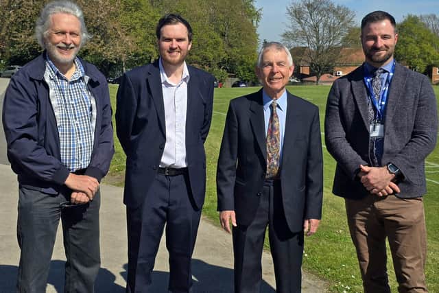 Coun Brian Mayhew, Coun George Ayre, Cyril Jones (club chairman of Pontefract Athletics Club) and Ash Jacobs (executive headteacher, Pontefract Academies Trust) are supoorting a proposal for a new athletics track at The King's School in Pontefract.
