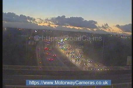 One lane is closed on the M62 westbound between J29 (M1) and J28. J28 is pictured. Image: motorwaycameras.co.uk