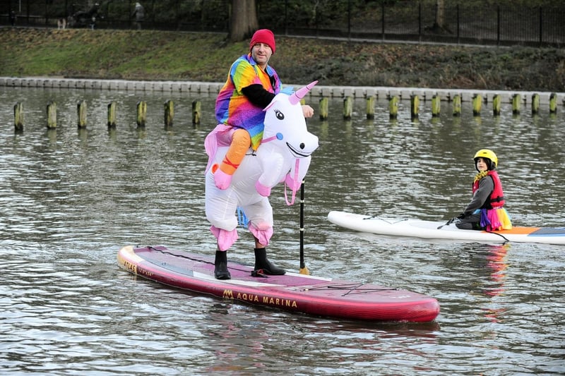 One of the most eye-catching costumes this year, Dean Jordan was chasing rainbows on Waterloo Lake.