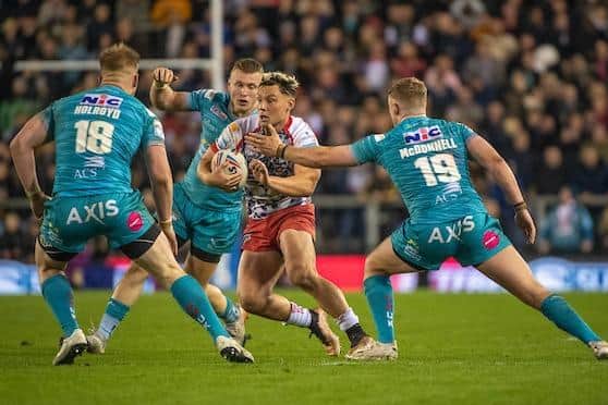 Lachlan Lam on the attack for Leigh against Rhinos in April. Picture by Olly Hassell/SWpix.com.