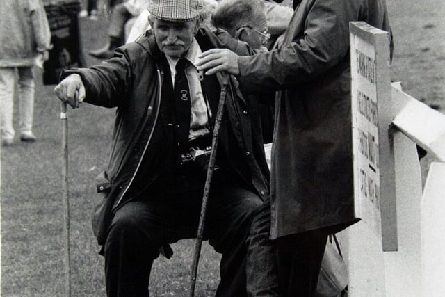 Two farmers deep in conversation at the Great Yorkshire Show in the summer of 1988.