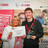 Kieran Dinsdale, operations supervisor at packaging manufacturer Greyhound Box, receiving his Future Manufacturing Leader award in 2024