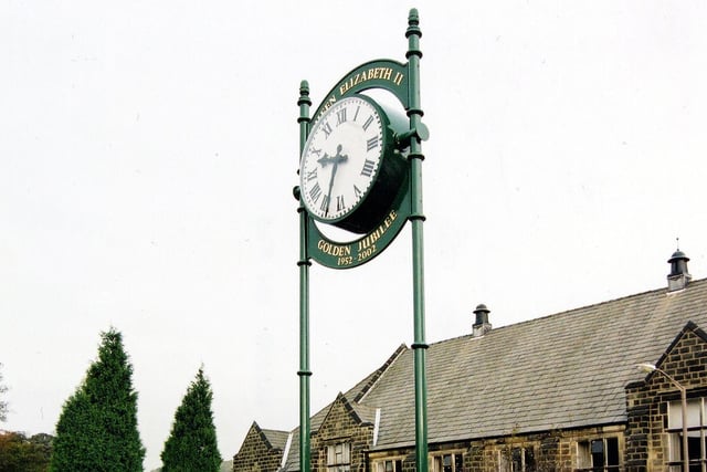 The clock commemorating the Golden Jubilee of Queen Elizabeth II on Horsforth's Hall Lane, junction with Fink Hill pictured in October 2003. The time piece was unveiled in July 2002 when Horsforth's oldest resident, 103 year Ethel Nixon cut the ribbon.