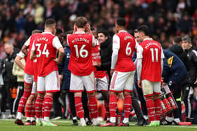LONDON, ENGLAND - APRIL 01: Mikel Arteta, Manager of Arsenal, gives the team instructions during the Premier League match between Arsenal FC and Leeds United at Emirates Stadium on April 01, 2023 in London, England. (Photo by Julian Finney/Getty Images)