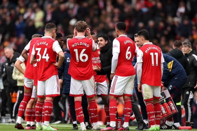 LONDON, ENGLAND - APRIL 01: Mikel Arteta, Manager of Arsenal, gives the team instructions during the Premier League match between Arsenal FC and Leeds United at Emirates Stadium on April 01, 2023 in London, England. (Photo by Julian Finney/Getty Images)