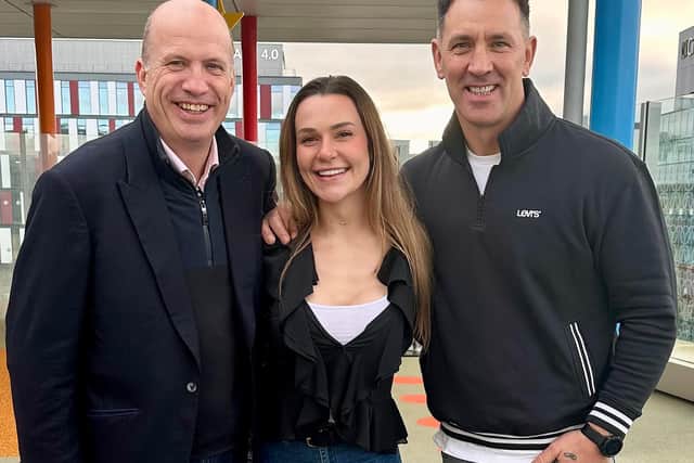 Simon Pickering, Managing Director of dbfb, Paige-Elise Harrison and Paul Sculthorpe MBE