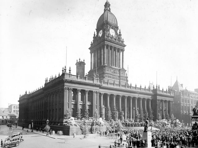 the opening ceremony of Civic Week held at the Town Hall and overseen by the Lord Mayor, Alderman George Ratcliffe J.P.  In this view, a large crowd of people are gathered at the front of the Town Hall steps in Victoria Square. The ceremony was preceded by a performance of the Leeds City Police Band who played daily concerts at City Square throughout the week. The Lord Mayor, along with several other Aldermen, all made speeches to declare the opening of the Civic Week, after which the National Anthem was sung.