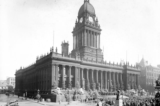 the opening ceremony of Civic Week held at the Town Hall and overseen by the Lord Mayor, Alderman George Ratcliffe J.P.  In this view, a large crowd of people are gathered at the front of the Town Hall steps in Victoria Square. The ceremony was preceded by a performance of the Leeds City Police Band who played daily concerts at City Square throughout the week. The Lord Mayor, along with several other Aldermen, all made speeches to declare the opening of the Civic Week, after which the National Anthem was sung.