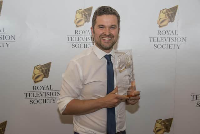 Charlie Swinbourne collects his Royal Television Society for Deaf Funny at the Queen's Hotel in Leeds. Picture: Paul Harness