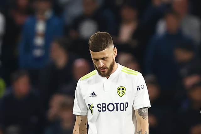 LEEDS, ENGLAND - MAY 11: Mateusz Klich of Leeds United looks dejected during the Premier League match between Leeds United and Chelsea at Elland Road on May 11, 2022 in Leeds, England. (Photo by Clive Brunskill/Getty Images)