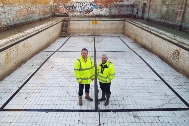 Tim Reeve of Advent Developments (left) and Lee Grayshon of Eternal Homes (right) in Leeds’ first ever covered swimming pool which is being converted into offices