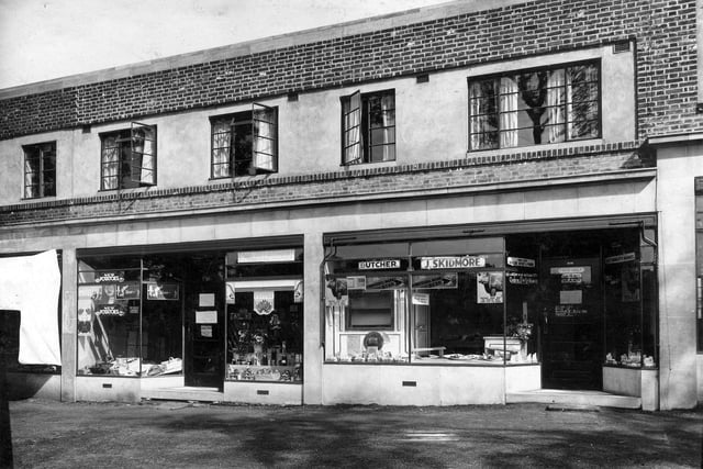Shops on Dib Lane in July 1936. On the left is the premise of M and A Allanson greengrocers. J Skidmore, butchers can be seen on right.