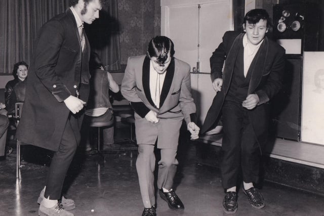 Teddy Boys on the dancefloor at the Wykebeck Arms in March 1974. Pictured, from left, are Dennis Peace, Martin Gibbs, and Latidy Whitaker.