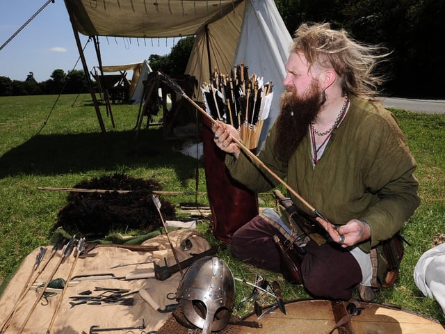 Dan Burrell "Dain" of Volsun Vikings, York making arrows.